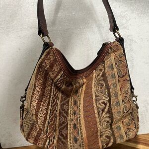 Vintage Fossil Boho Tapestry Brown Fabric Leather Shoulder Hobo Bag Purse